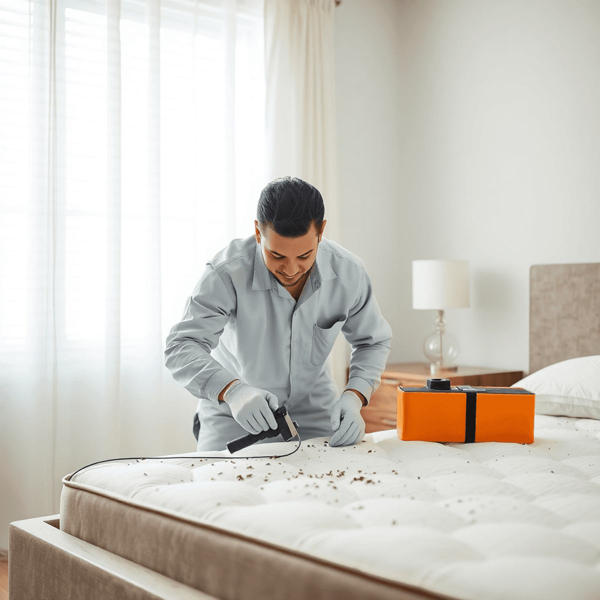 A Tampa bed bug specialist inspects a mattress with tools in a bright, clean bedroom, demonstrating professionalism and expertise in pest control.