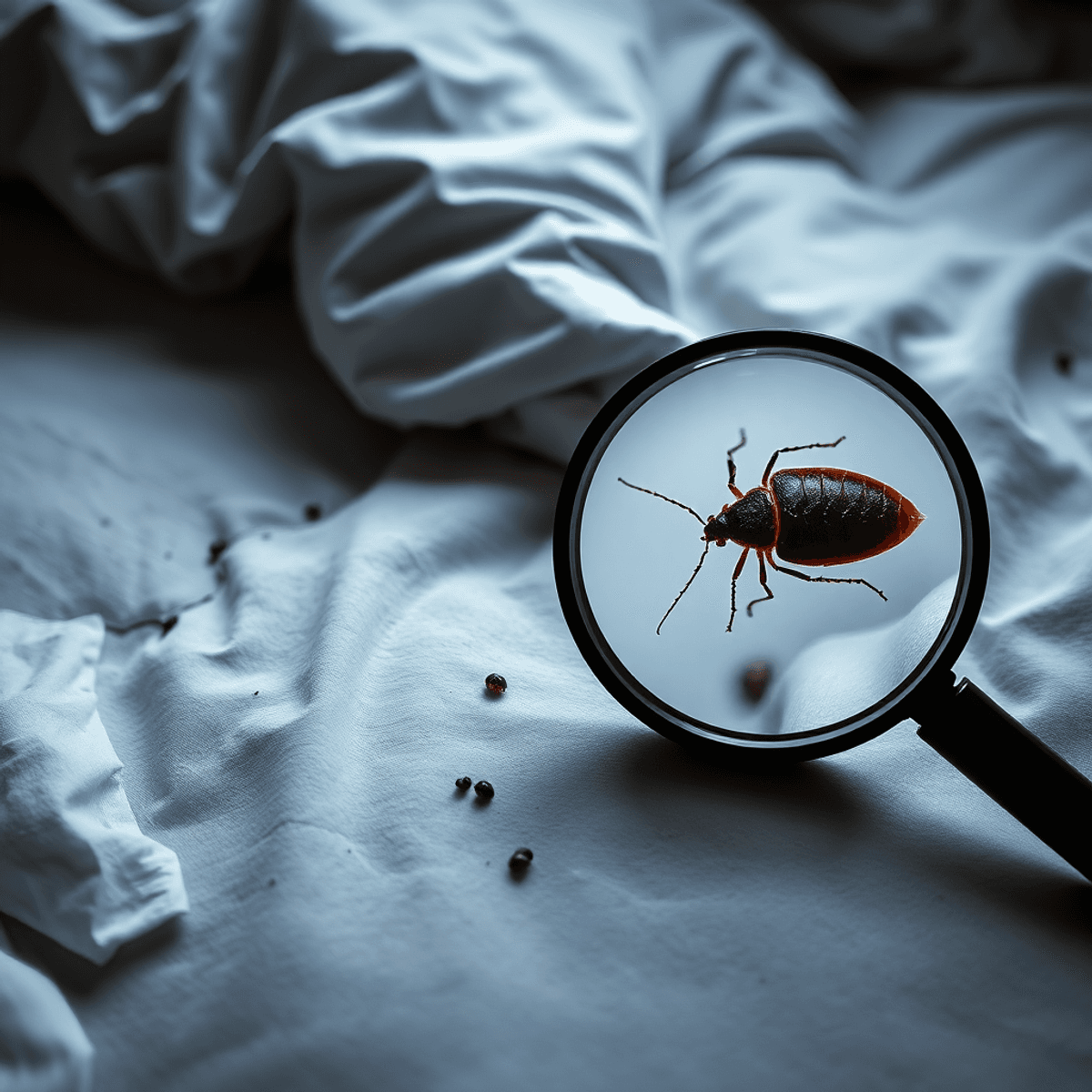 A close-up of a bed with visible bites on the sheets, dark spots indicating bed bug excrement, and a magnifying glass highlighting a bed bug, conve...