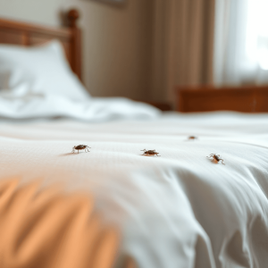 A close-up of a clean, inviting bed with soft bedding, featuring a few bed bugs, set against a softly blurred background in warm, calming colors.