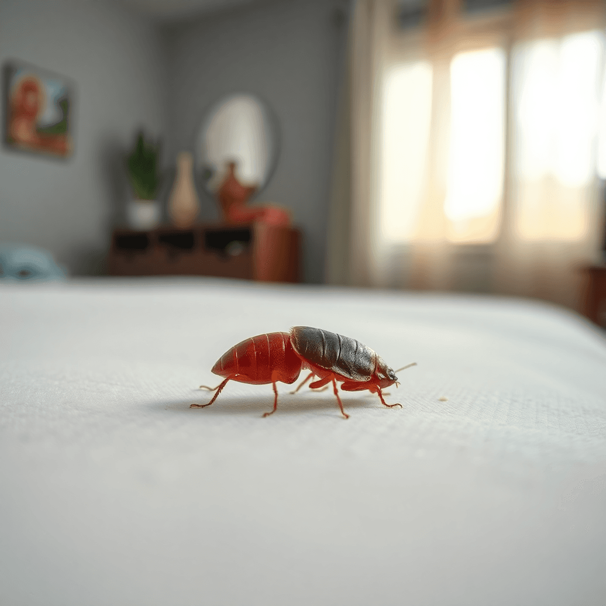 A close-up of a reddish-brown bed bug on a mattress, with a blurred background depicting a Tampa home, conveying urgency about pest control.