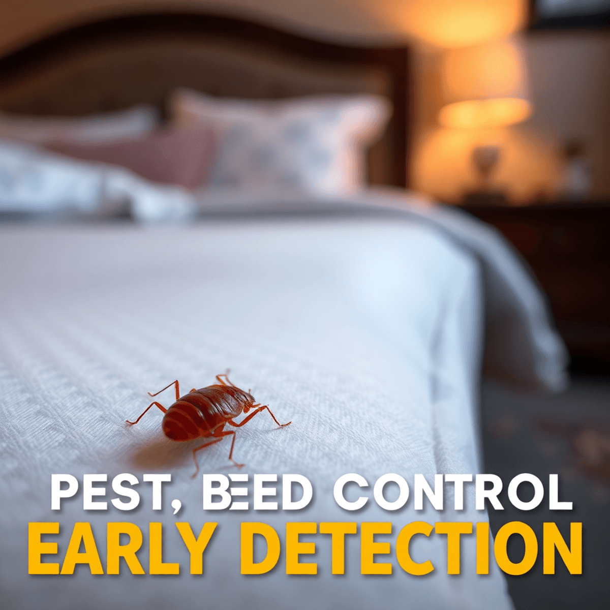A close-up of a reddish-brown bed bug on a mattress, with a blurred cozy bedroom background, emphasizing pest control and early detection.