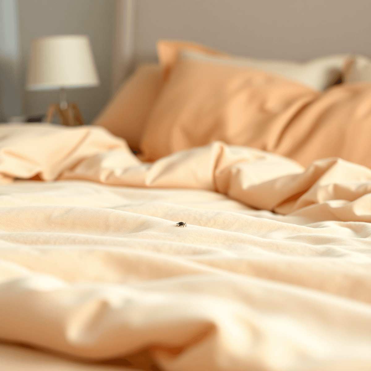 A cozy bed with soft, fluffy bedding in warm colors, featuring small bed bugs subtly integrated into the scene, set against a softly blurred backgr...