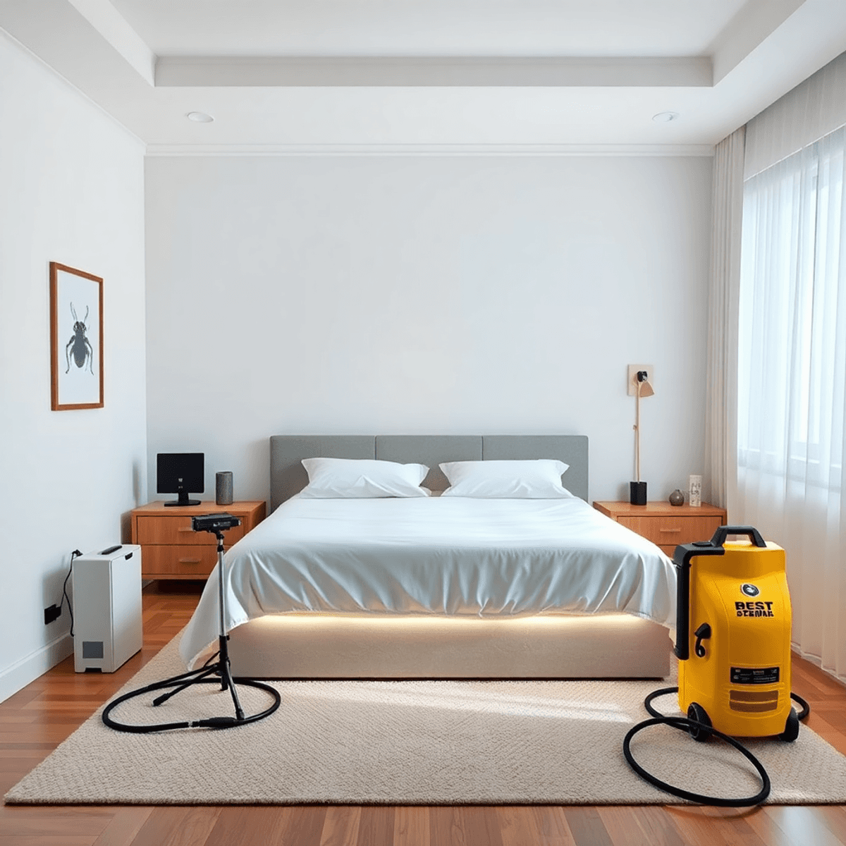 A modern bedroom with a neatly made bed in a protective encasement, surrounded by steam equipment and monitoring devices, illuminated by bright lig...