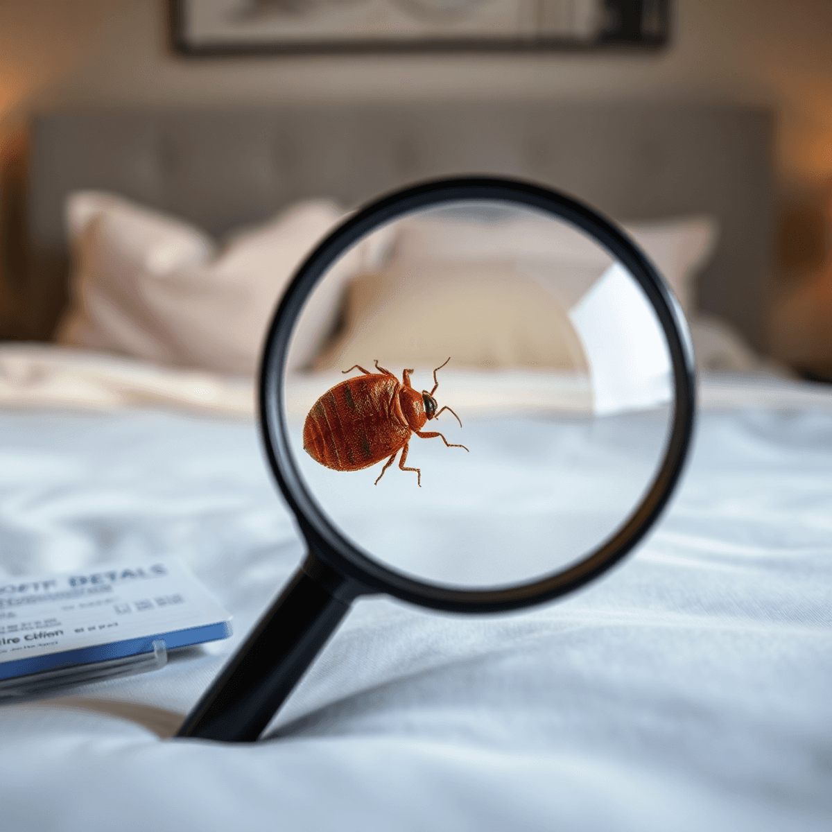 Close-up of a bed with a magnifying glass highlighting a bed bug, surrounded by cozy pillows and bedding, with monitoring tools like a notepad nearby.