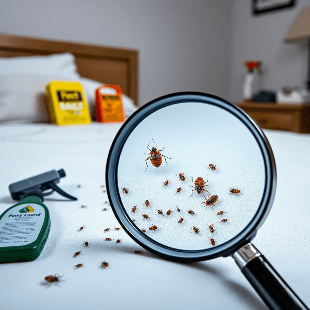 Close-up of a bed with a magnifying glass showing bed bugs on the mattress, surrounded by pest control tools like traps and sprays in a clean, orga...