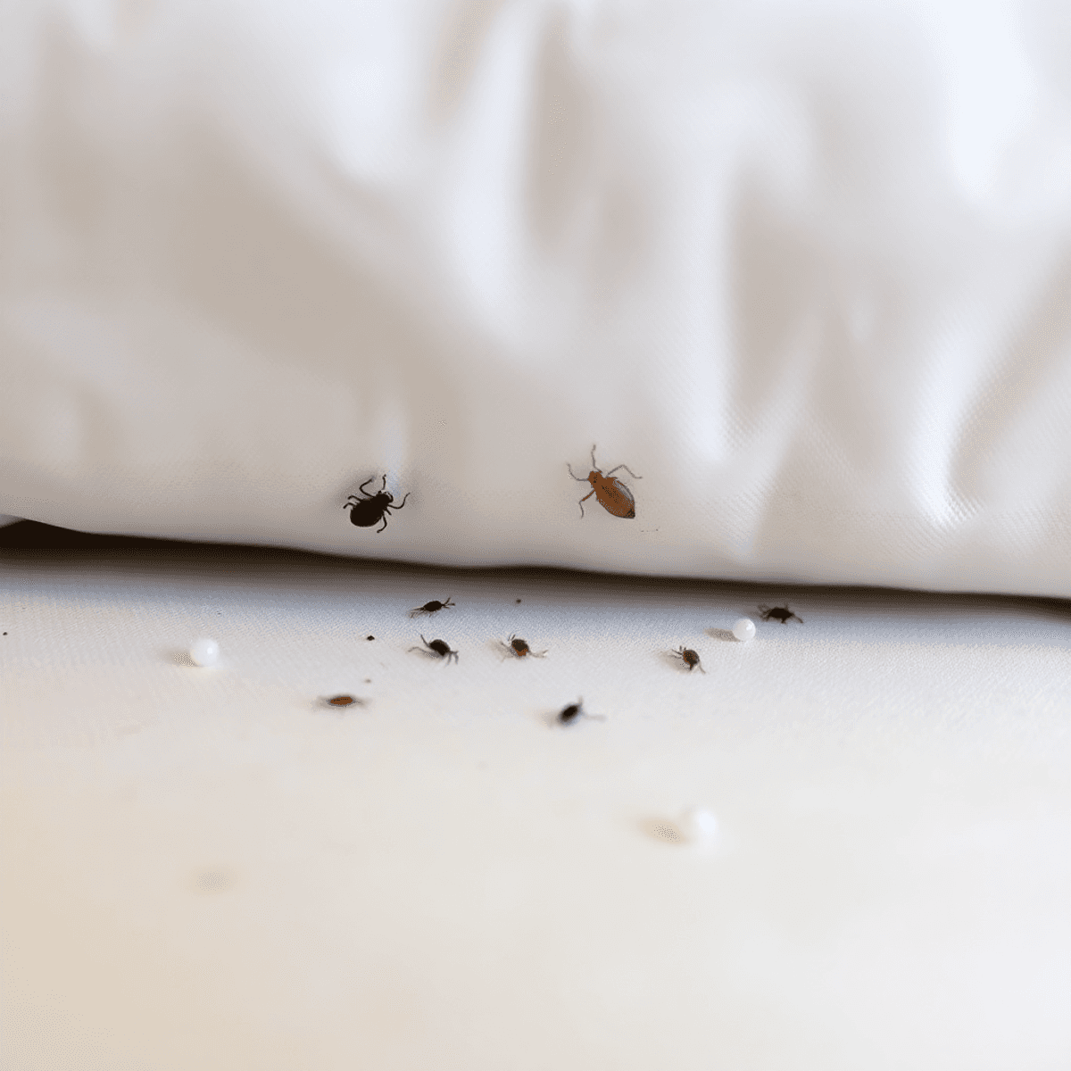 Close-up of a mattress showing bed bug droppings, shed skins, and tiny white eggs, indicating a bed bug infestation in a home.