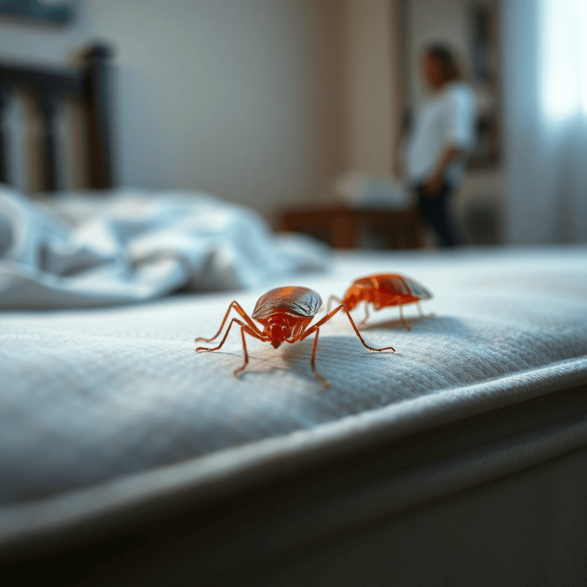 Close-up of a reddish-brown bed bug on a mattress, with a blurred bedroom background featuring crumpled sheets and an unmade bed, evoking discomfor...
