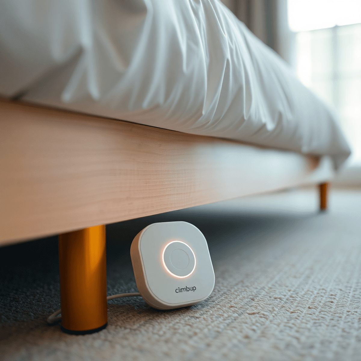Close-up of a Climbup bed bug monitor under a bed leg in a bright, modern bedroom, highlighting its simple design for early pest detection.