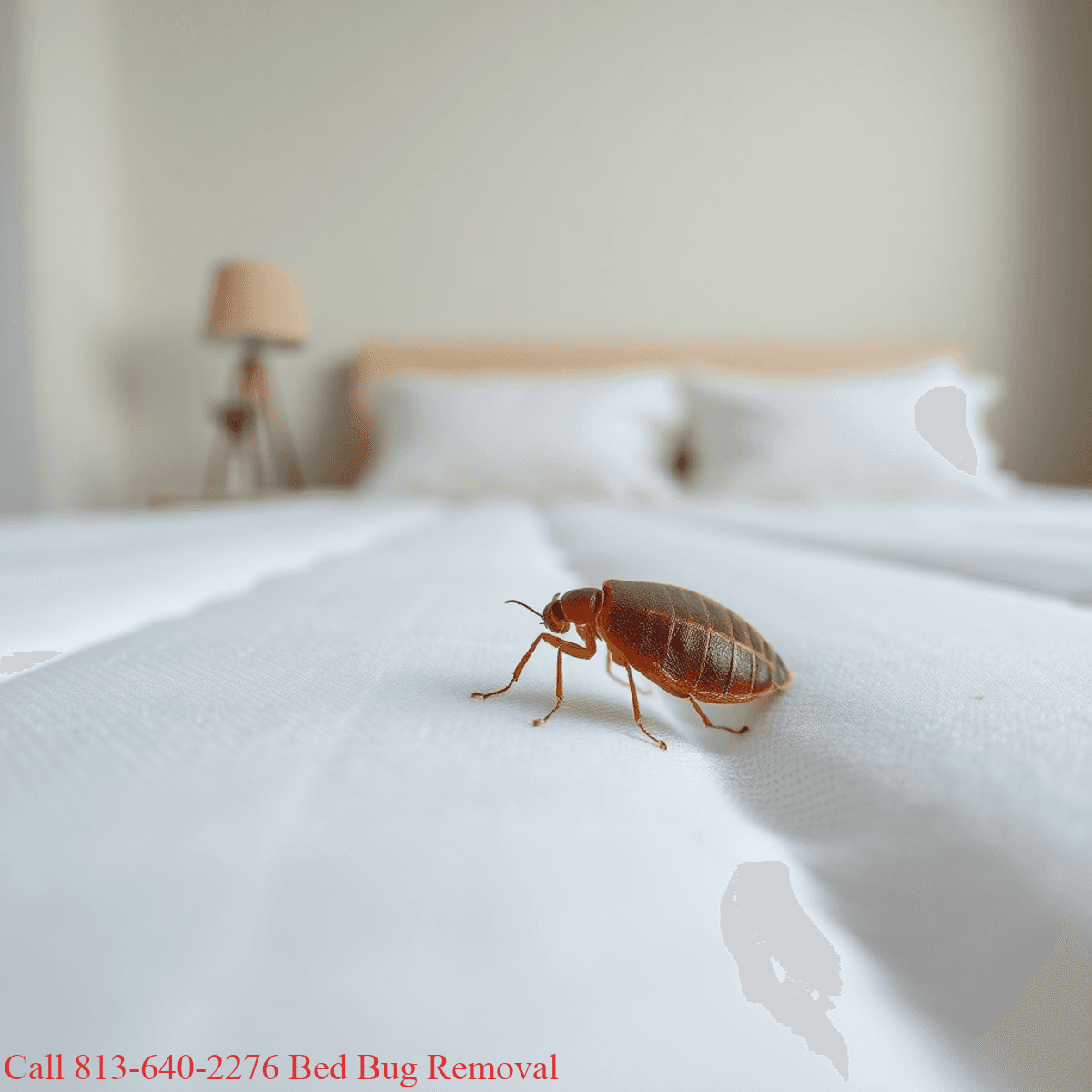 Close-up of a bed bug on a mattress with a bright bedroom in the background, symbolizing pest control and home safety.