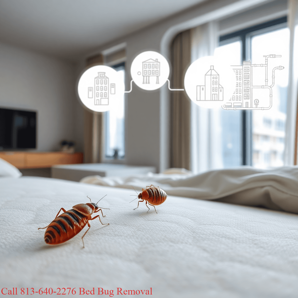 Close-up of a bed bug on a mattress with illustrated pathways through walls and pipes, highlighting pest movement in a modern urban apartment.